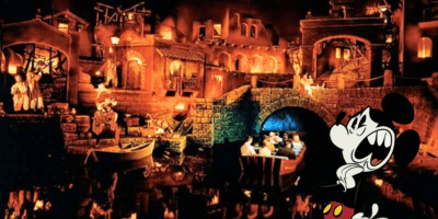 Mickey Mouse scared at Pirates of the Caribbean (iconic Disney ride) during the fire scene