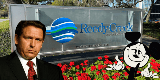 Governor Ron DeSantis upset with Mickey Mouse shrugging smugly in front of the Reedy Creek Improvement District sign