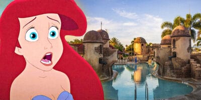 Disney World Resort image on the right and shocked Arielle Character on the left