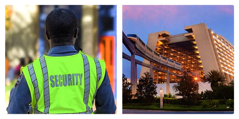 Disney World Hotel on the right and Security Guard on the left