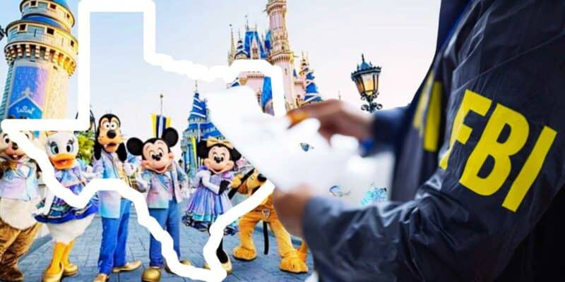 Mickey Mouse and Fab 5 at Disney World inside of the Texas state outline with FBI employee