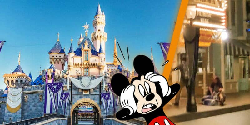 Fight at Disneyland. Disneyland on the left, fight, recorded on video, on the right; shocked Mickey Mouse in the middle