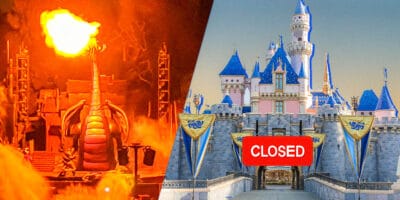 Disneyland Resort closed down because of the fire. Image of fire on the left and Disneyland Castle on the right