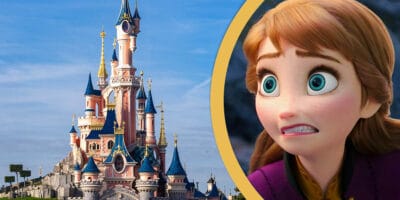 Shocked Character Anna looking at Disney's Sleeping Beauty Castle