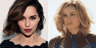 Emilia Clarke (L) and Brie Larson as Captain Marvel (R)