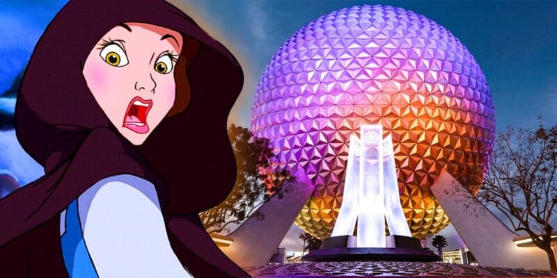Shocked Disney Character Belle and EPCOT Image on the right