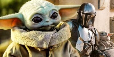 Grogu Character on the left and episode of 'The Mandalorian' on the right