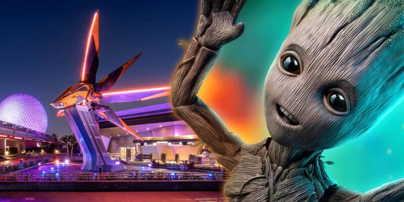EPCOT Guardians of the Galaxy event. Happy Groot on the right side and 'Guardians of the Galaxy' attraction on the left