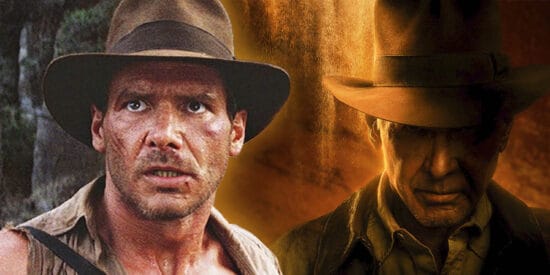 Harrison Ford as 'Indiana Jones the Temple of Doom' on the left and in 'Indiana Jones and the Dial of Destiny' (2023) on the right