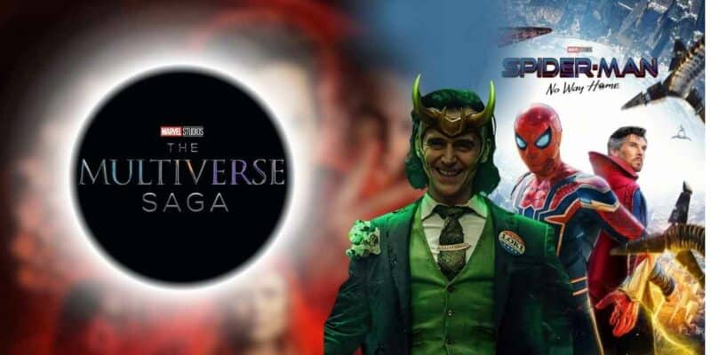 Loki, Spiderman and Dr. Strange with a Multiverse Saga logo in front.
