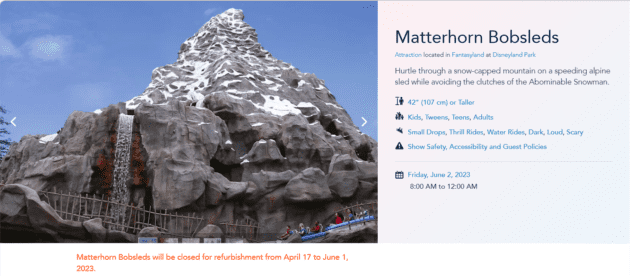 Screenshot of Matterhorn Bobsleds website stating its reopening date