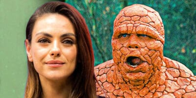 Actress Mila Kunis on the left and The Thing from 'Fantastic Four' on the right