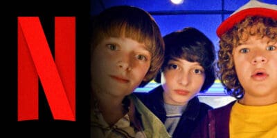 Netflix Logo on the left and shocked boys from 'Stranger Things' on the right