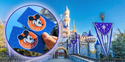 Disneyland Castle in the background and Disneyland Passholder in the circle on the left, who are Magic Key holders.
