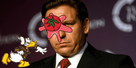 Donald Duck throwing a tomato at Florida Governor Ron DeSantis' face