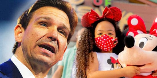 Ron DeSantis on the left and girl in mask due to COVID-19 at Disney World