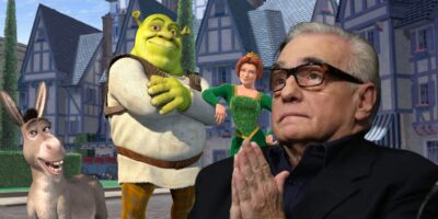 (left to right) Donkey, Shrek and Human Fiona, edited with Martin Scorsese with prayer hands