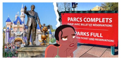 Collage of Disneyland on the left, the 'Parks Full' sign on the right and an upset Disney Princess in the middle