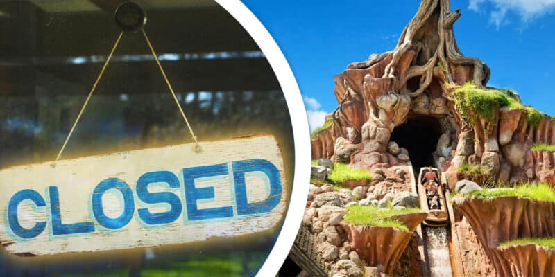 Disneyland Attraction 'Splash Mountain' on the right and 'CLOSED' sign on the left