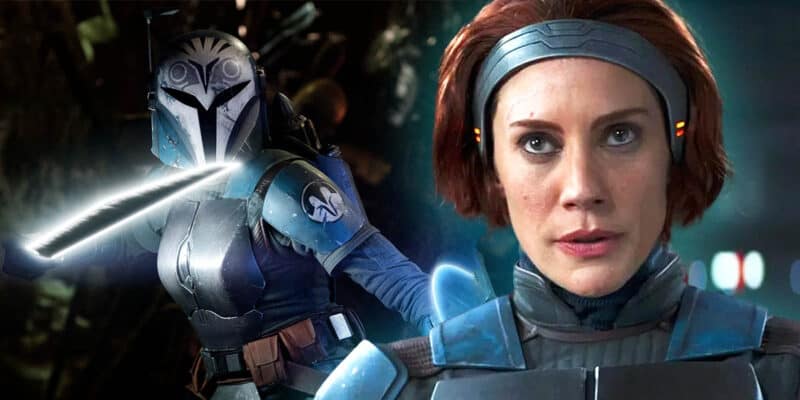 Katee Sackhoff (on the right) as Bo-Katan Kryze (on the left)