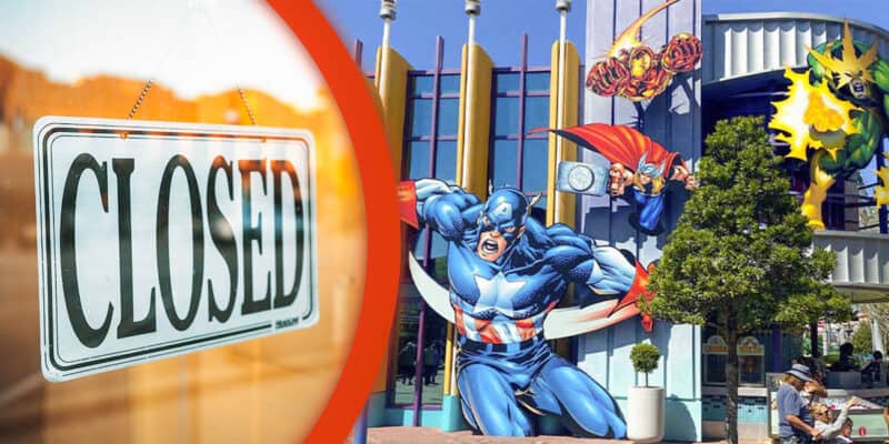 'Superhero Island' at Universal Studios on the right, and closed sign on the left
