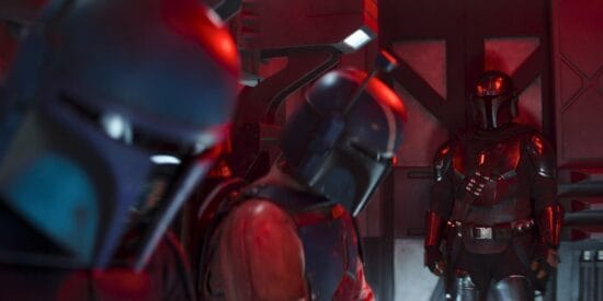 Din Djarin (Pedro Pascal) looks onto the Mandalorian scouting party. Credit: Lucasfilm