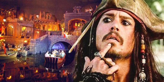 'Pirates of the Caribbean' Attraction at Disneyland on the left and confused Jack Sparrow on the right