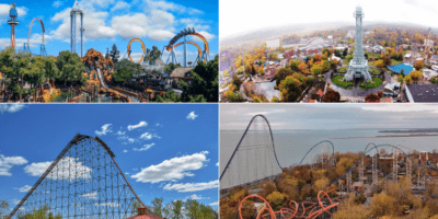 Collage of multiple Cedar Fair Entertainment Company theme parks introducing imminent changes to their policies, including Knott's Berry Farm, Kings Island, Worlds of Fun, and Cedar Point