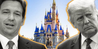 Governor DeSantis on the left, Donald Trump on the right and Disney World Castle in the middle