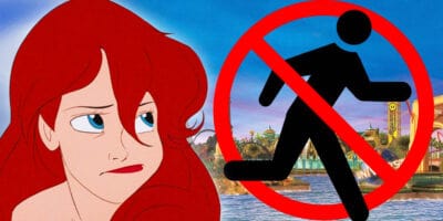 Upset Disney Character Arielle looking at sign at Universal Park Orlando