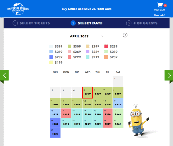 screenshot of Universal Express Pass cost and availability for Universal Studios Hollywood