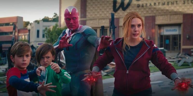 (left to right) Billy and Tommy, Vision, and Wanda Maximoff/Scarlet Witch