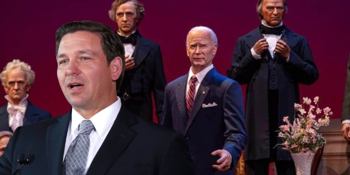 Ron DeSantis with the Hall of Presidents behind him