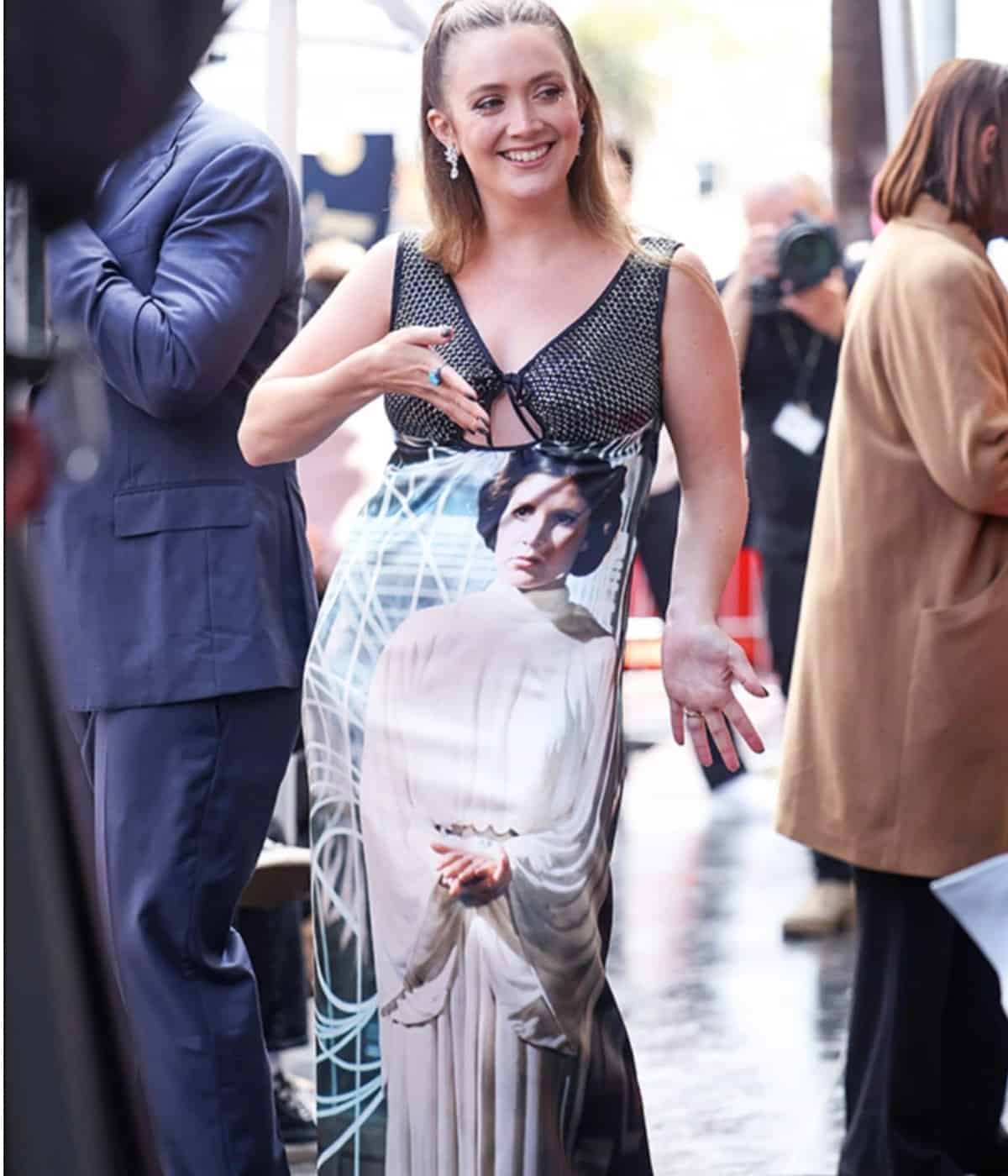 Billie Lourd wearing a Princess Leia dress at Carrie Fisher's walk of fame ceremony