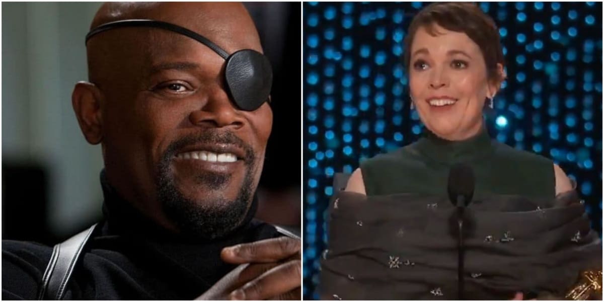 Samuel L. Jackson smiling as Nick Fury, Olivia Colman smiling during her Oscar speech Secret Invasion