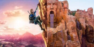 Link climbing a cliff in Legend of Zelda next to the exterior of Posedion's Fury