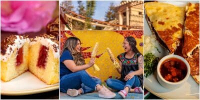 A cupcake, two people enjoying elote, and a birria quesadilla from Fiesta Village in Knott's Berry Farm