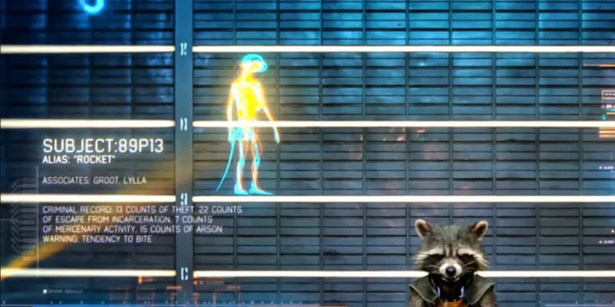 Rocket standing for his mug shot in Guardians of the Galaxy