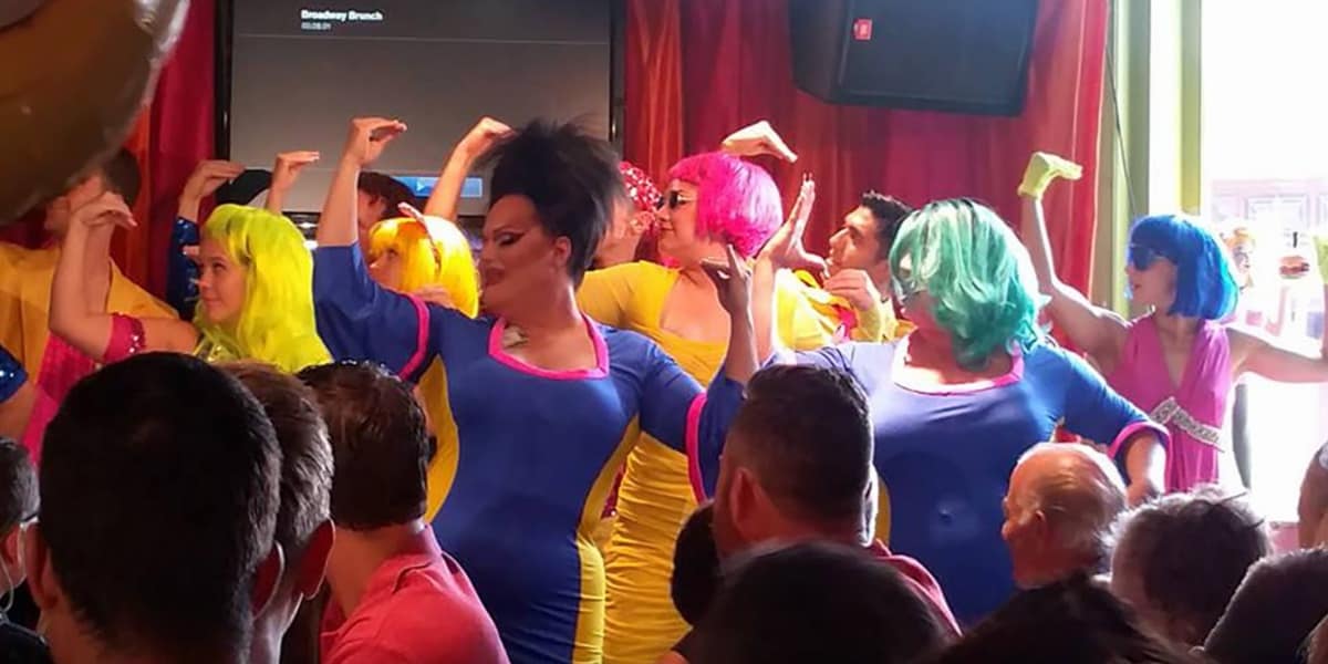 A drag performance at a Hamburger Mary's brunch