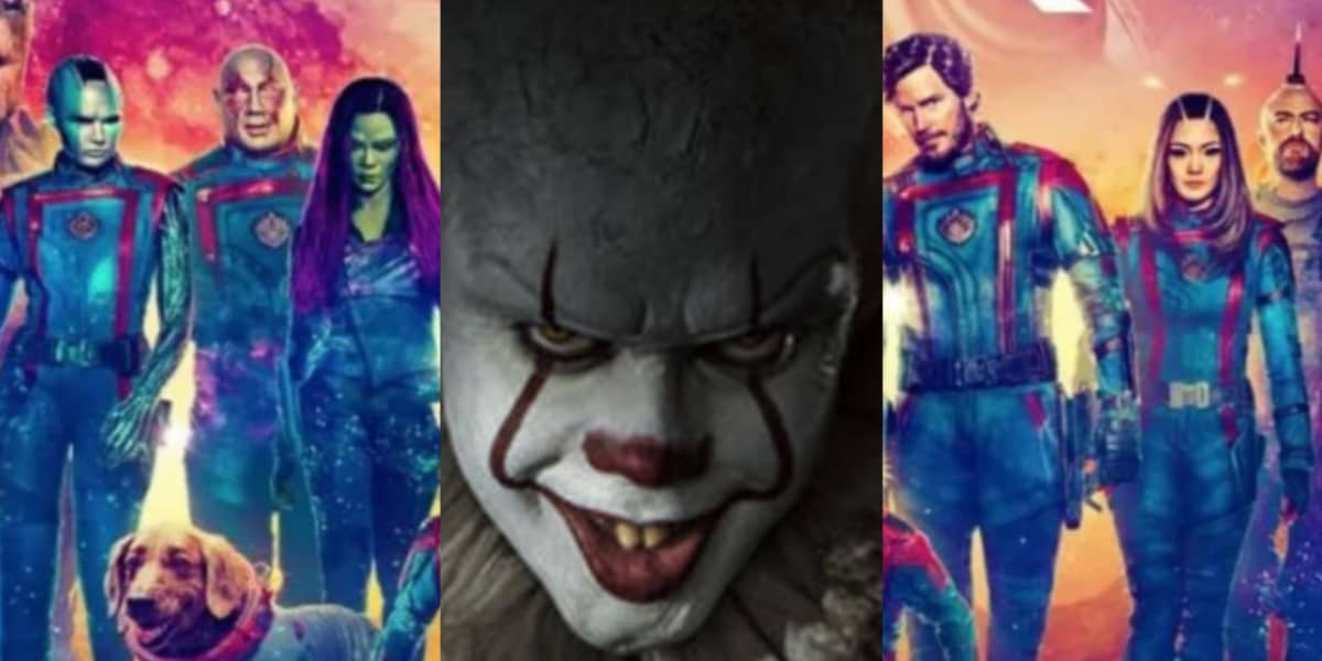 The cast of Guardians of the Galaxy Vol. 3 and Pennywise from It in the center