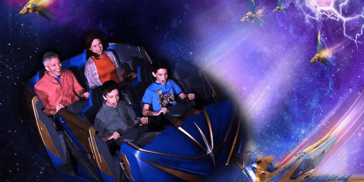 Ride image of people on Guardians of the Galaxy attraction