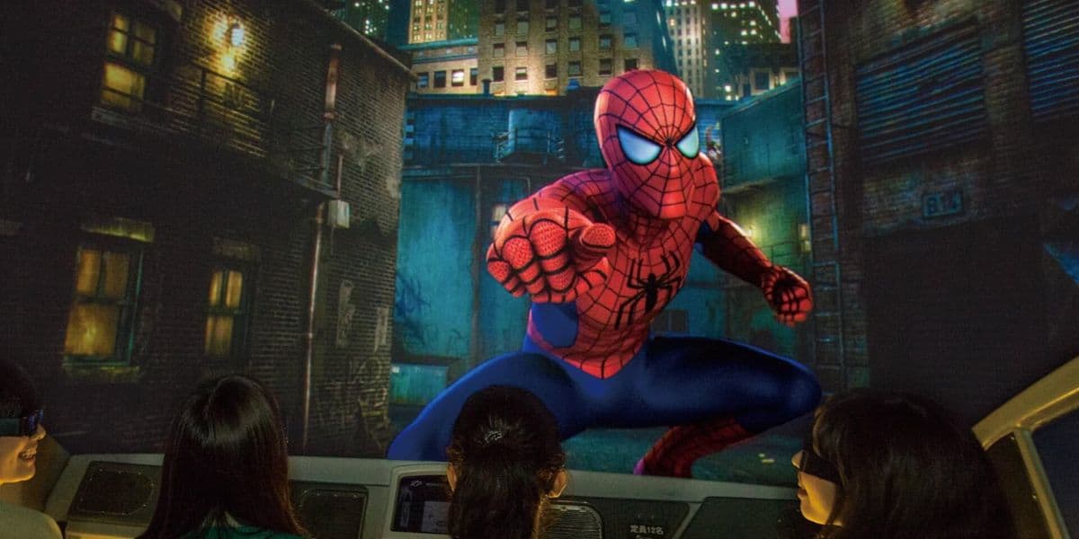 Spider-Man points at guests on the ride