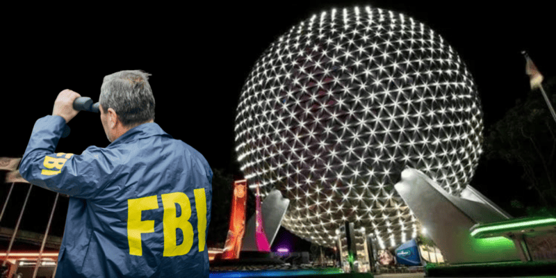 A FBI agent with binoculars looking at Spaceship Earth at EPCOT.