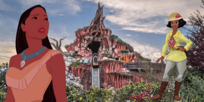 Pocahontas and Princess Tiana stand in front of Splash Mountain.