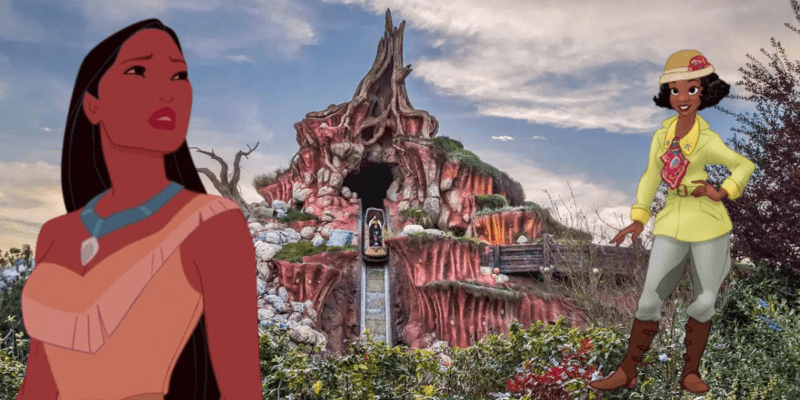 Pocahontas and Princess Tiana stand in front of Splash Mountain.