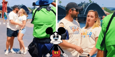Guests kissing after a Disney proposal, the woman of the couple looking annoyed after a nearby Guest makes a remark.