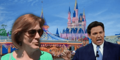 A woman who lives in the Reedy Creek area looking at Ron DeSantis, photoshopped into Fantasyland at Magic Kingdom.