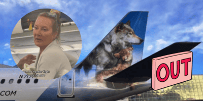 A blonde woman, involved in the latest airplane drama, pictured in front of the tail of an airplane and text that reads OUT.