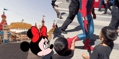 The entrance to Pixar Pier at Disney California Adventure, Minnie Mouse looking sad, Spider-Man misses high fiving a kid during a Disney character interaction.