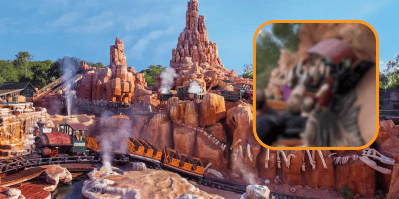 Guests riding Big Thunder Mountain Railroad, a Disneyland ride.